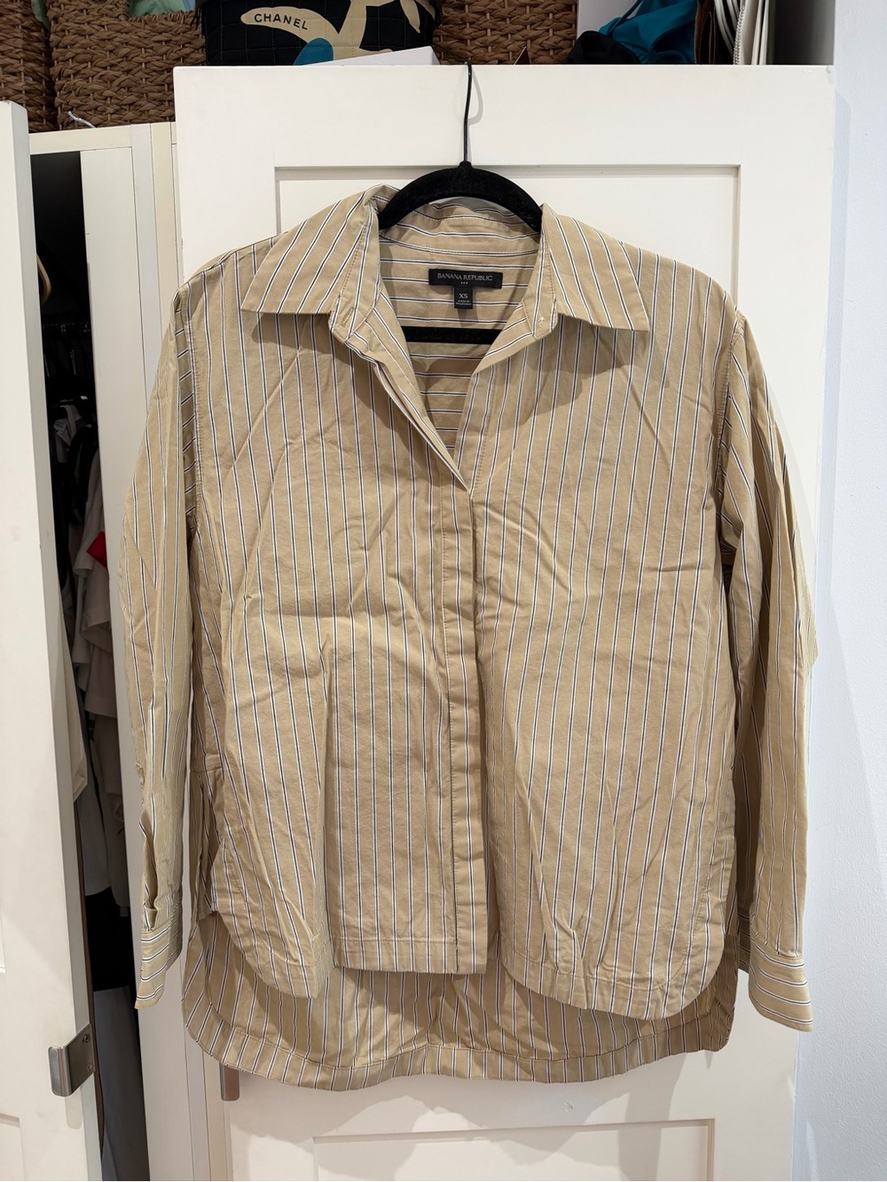 Banana Republic Tan and White Striped Button-Down Shirt